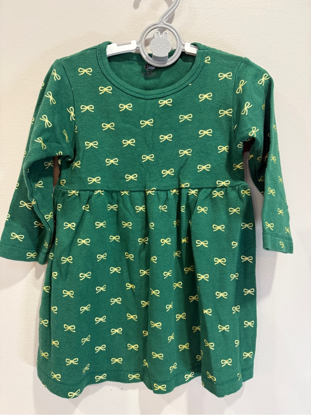 Girls' Green Long-Sleeve Bow Print Dress